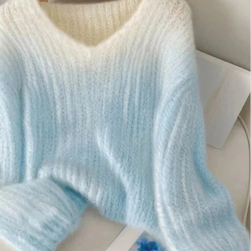 Autumn Winter Vintage Lazy Wind Loose Sweaters Women Vneck Gradient Knitted Pullovers Fashion Comfortable Soft Jumper 241021