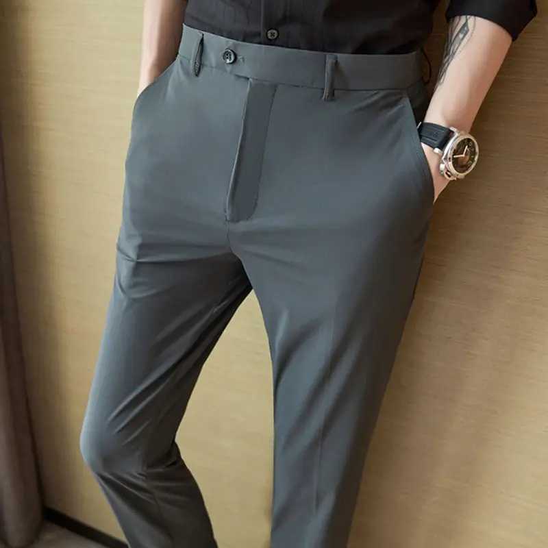 Fashion Men Slim Fit Dark Gray Smart Casual Suit Pants Spring Summer New Ice Silk High Elasticity Business Cropped Trousers 2024X241023