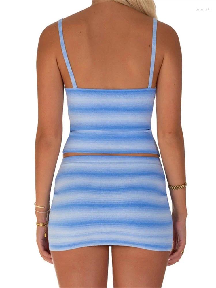 Womens Tracksuits CHRONSTYLE Women 2 Pieces Summer Set Gradient Striped Print Square Neck Crop Camis Top Low Waist Mini Skirts Party