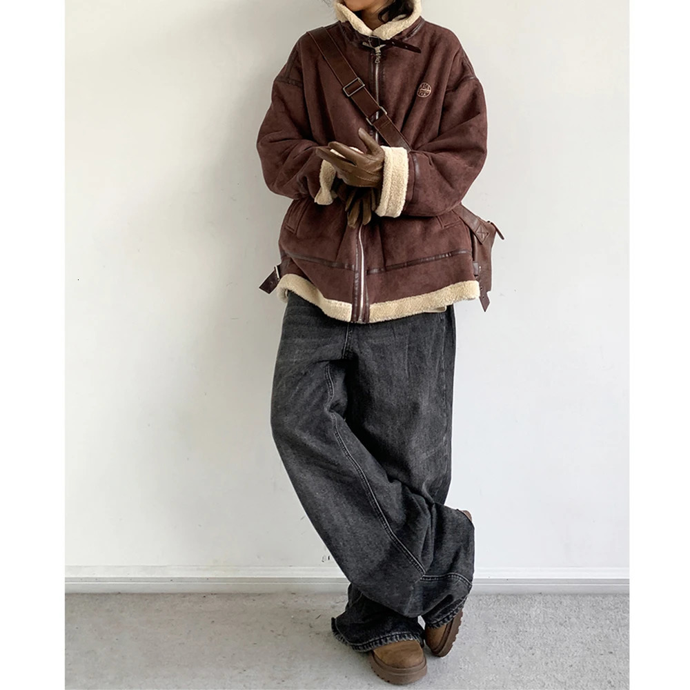 Winter vintage suede wool stand up collar jacket mens womens Korean streetwear high-quality couple jacket Harajuku thick top 241023