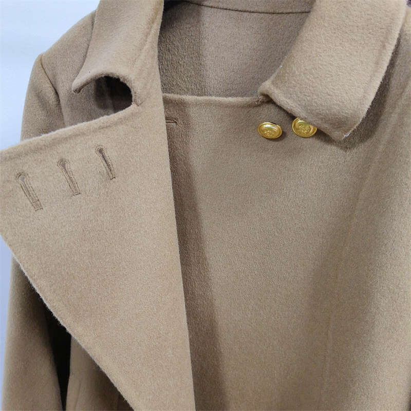 Rose Double-Sided Cashmere Women New Autumn Winter Lace-Up Metal Buckle Thick Wool Mid-Length Trench Coat