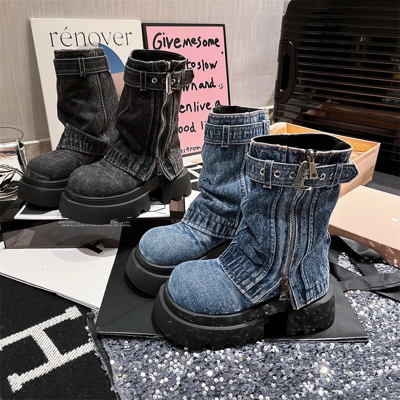 Platform Shoes Cowboy Boots for Women Round Toe Square Heel Mid Calf High Women Boots Punk Street Style Outdoor Denim Solid 241022