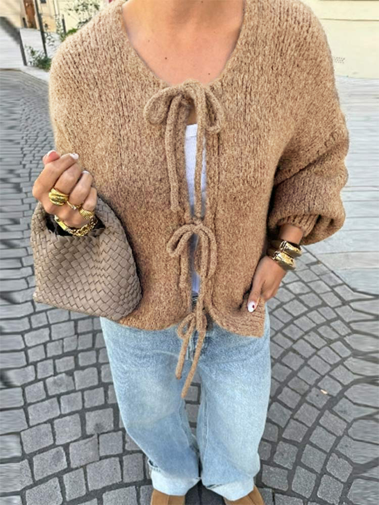 Fashion Casual Brown Lace Up Bow Knitted Cardigan O-Neck Long Sleeve Hollow Out Sweater Autumn Female High Street Knitwear