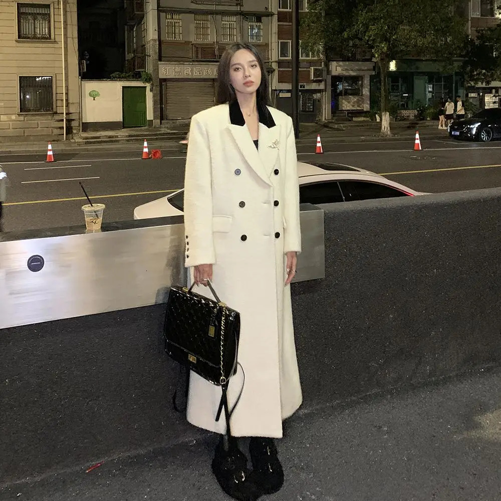 White set wool coat womens winter jacket Korean fashion loose temperature medium length thick wool coat winter clothing 241023