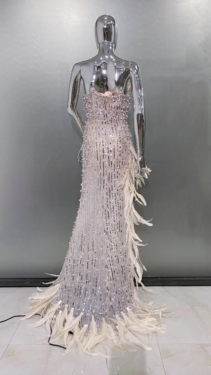 Strapless Pearl Maxi Dress, Sexy High Split Bodycon Evening Gown B1