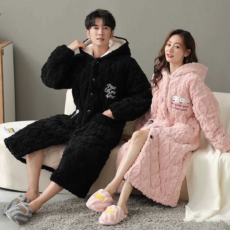 Thick 3-layer warm winter bathroom couple soft flannel bedding long kimono bathrobe womens dress mens coral Fce robe W241023