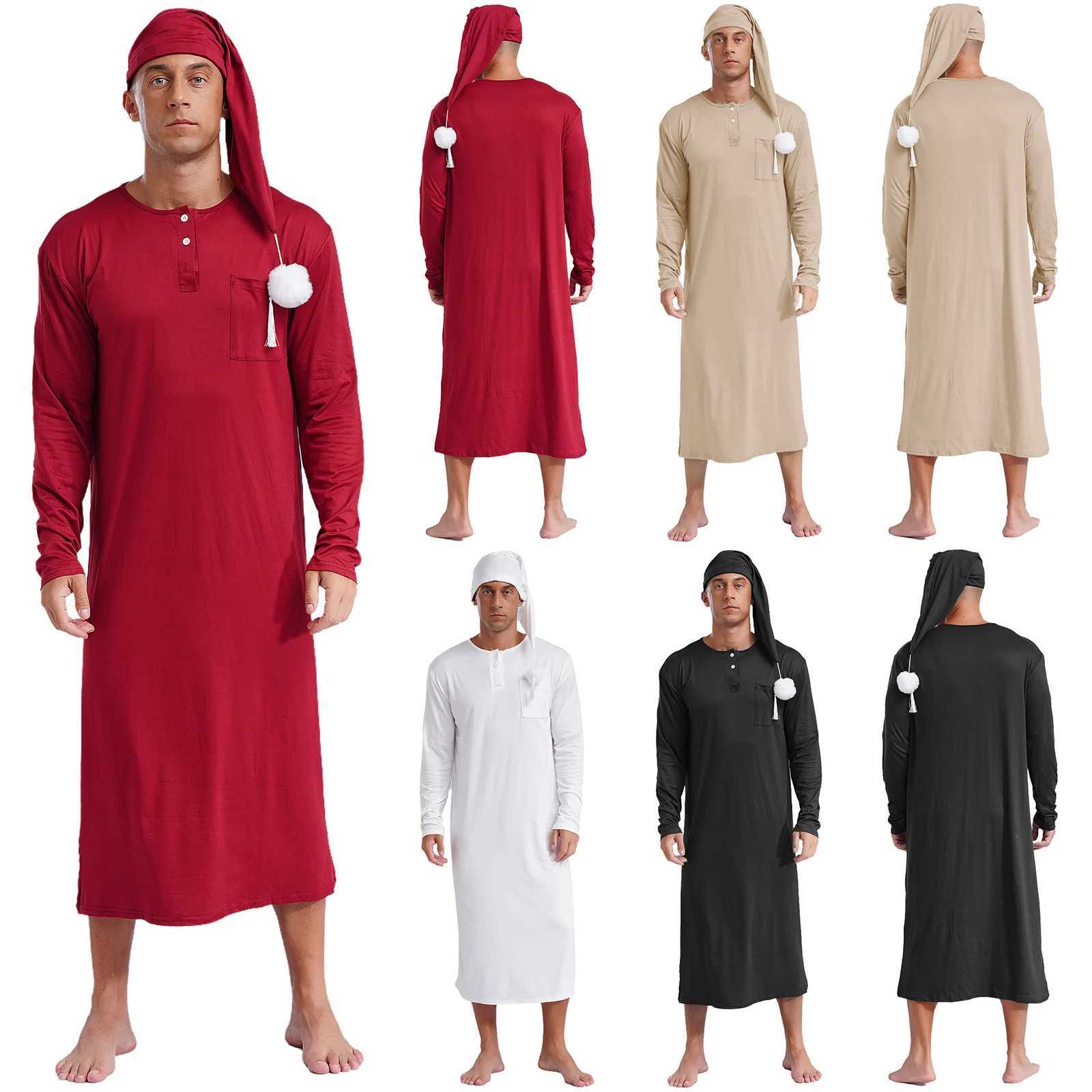 Mens solid Sp robe round neck long Sve Spwear pajamas loose bathroom pajamas with Pom pom hat W241023