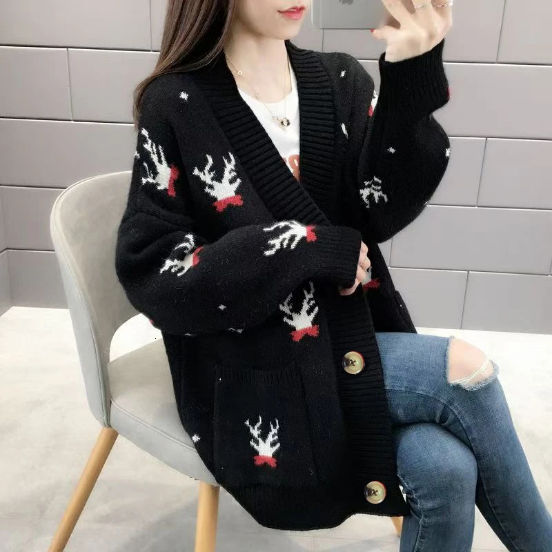 Christmas Deer Knitted Coat Femal Loose Cardigan For Women Long Sleeve Top Casual Chic Office Ladys Sweater Single Breasted 241022