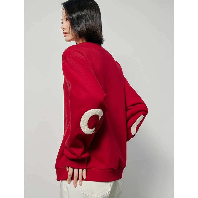 High end Women Toyouth Fleece Sweatshirt Autumn Long Sleeve O Neck Loose Hoodies Exquisite Embroidery Casual Chic Red Clothes Tops