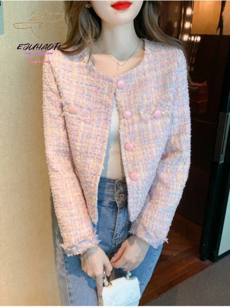 Womens jacket Spring pink tweed small perfume coat Korean fashion senior sensory temperature elegant top 241023