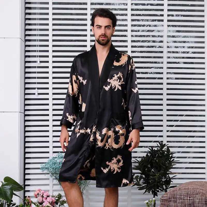 Large size 4XL 5XL mens satin robe set Dragon print 2PCS Spwear Silky Nighty Rob set mens casual kimono loose home textile W241023