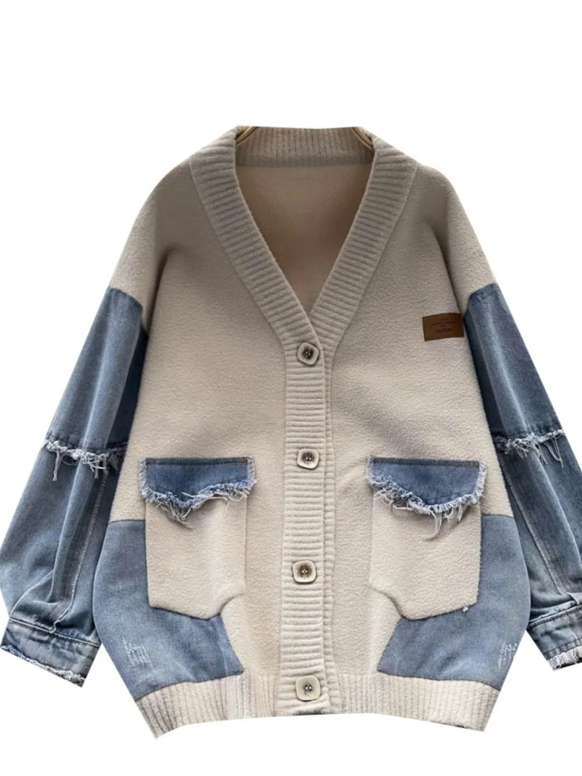 Korean Vintage Beige Patchwork Denim Single Breasted Knit Cardigan Sweater Autumn Winter Women V Neck Long Sleeve Tops Trend 241021