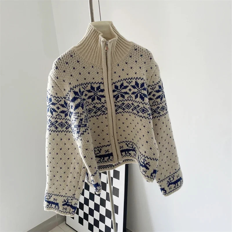 Vintage Snowflake Sweater Coat Womens Autumn Winter Fashion Loose Casual Soft Warm Beige Blue Christmas Knit Cardigan 241022