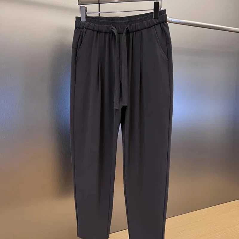 Simplicity Fashion Casual Summer Solid Ice Silk Mens Elastic Waist Drstring Pocket Trend Versatile Loose Straight Suit PantsX241023