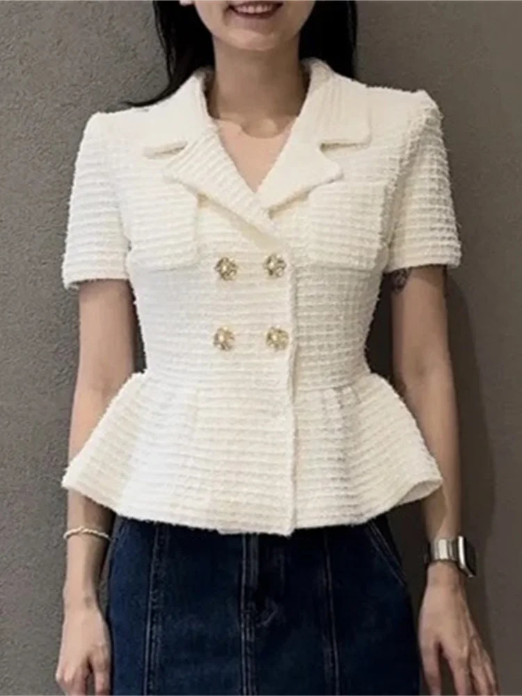 Womens elegant short sleeved top early autumn womens double breasted open top tweed coat 241023