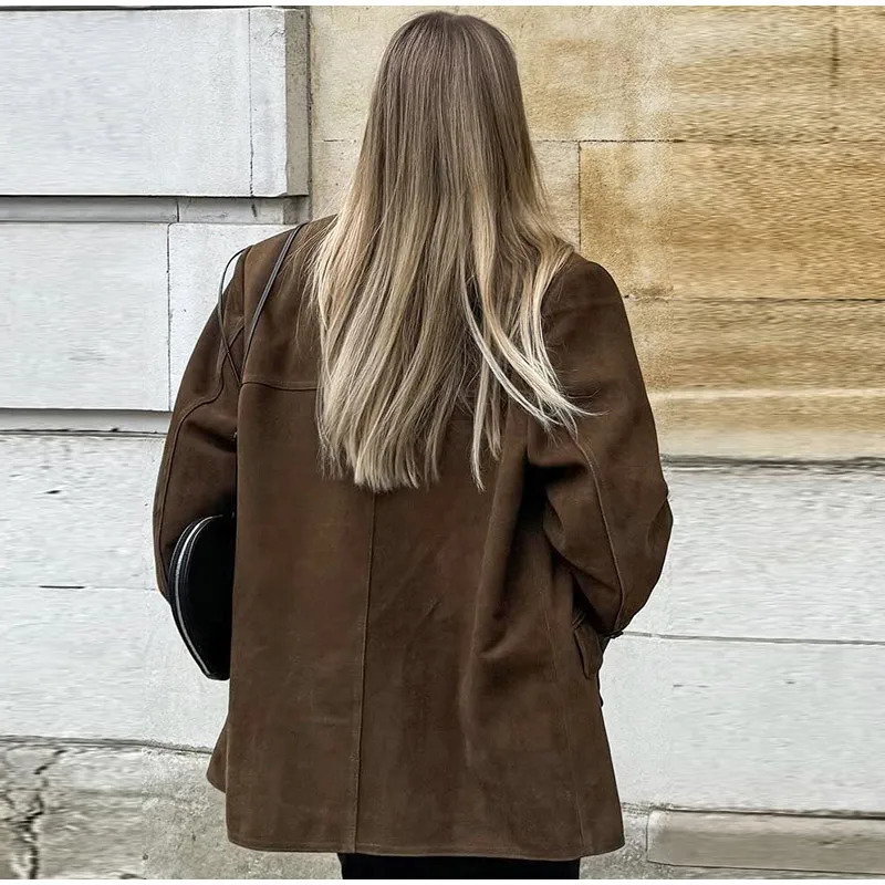 Retro womens jacket autumn long sleeved lapel loose womens jacket fashionable single chest casual suede womens jacket 241023