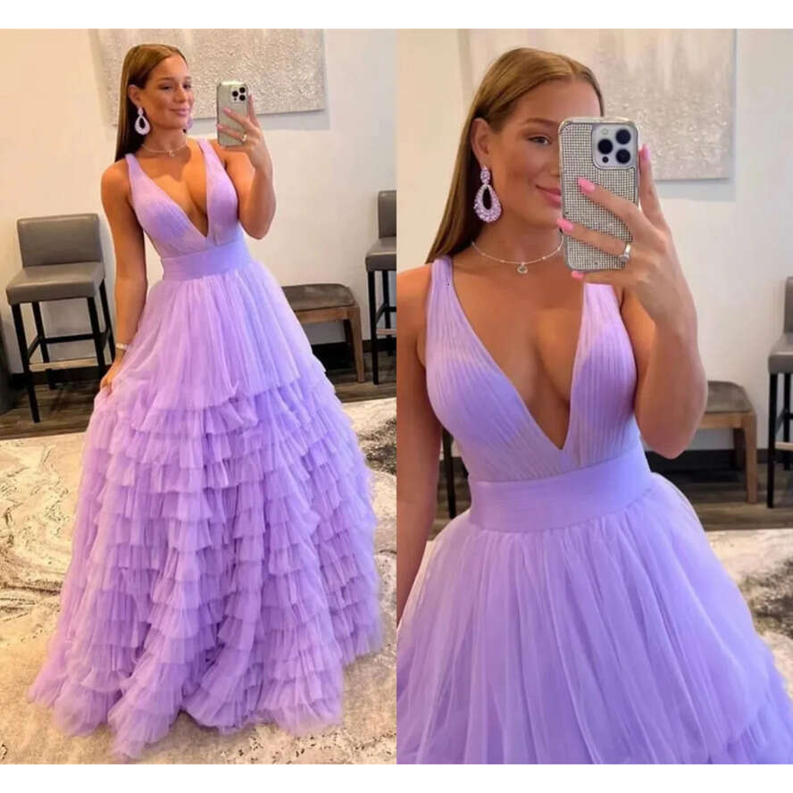 Lilac Dresses Gorgeous Prom Sexy V Neck A E Sleeveless Layered Tulle Long Evening Gowns Formal Women Ocn Wears Plus Size vening