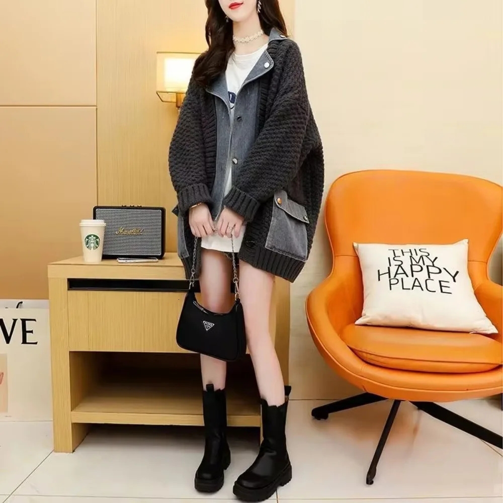 Autumn Winter Womens Splicing Denim Jacket Womens Long Sleeve Jeans Jacket Womens Loose Sweater Cardigan Jacket 241022