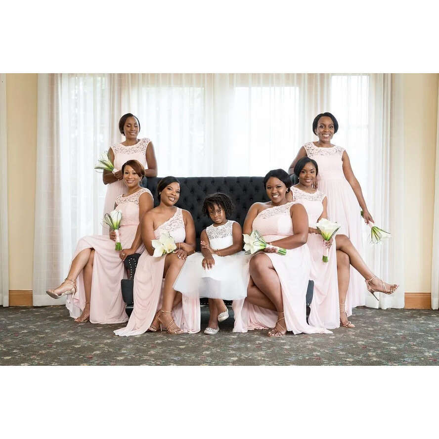 Long Cheap Summer Pink Bridesmaid Sleeveless Lace Chiffon A-E Maid Of The Honor Dresses With Split