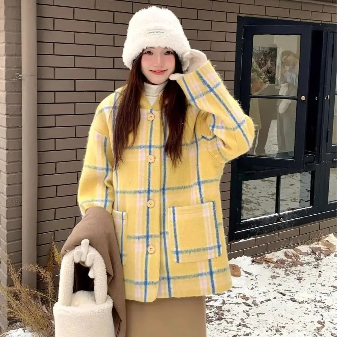 Wool coat yellow checkered hooded autumn/winter retro womens jacket Korean style short and elegant jacket 241023