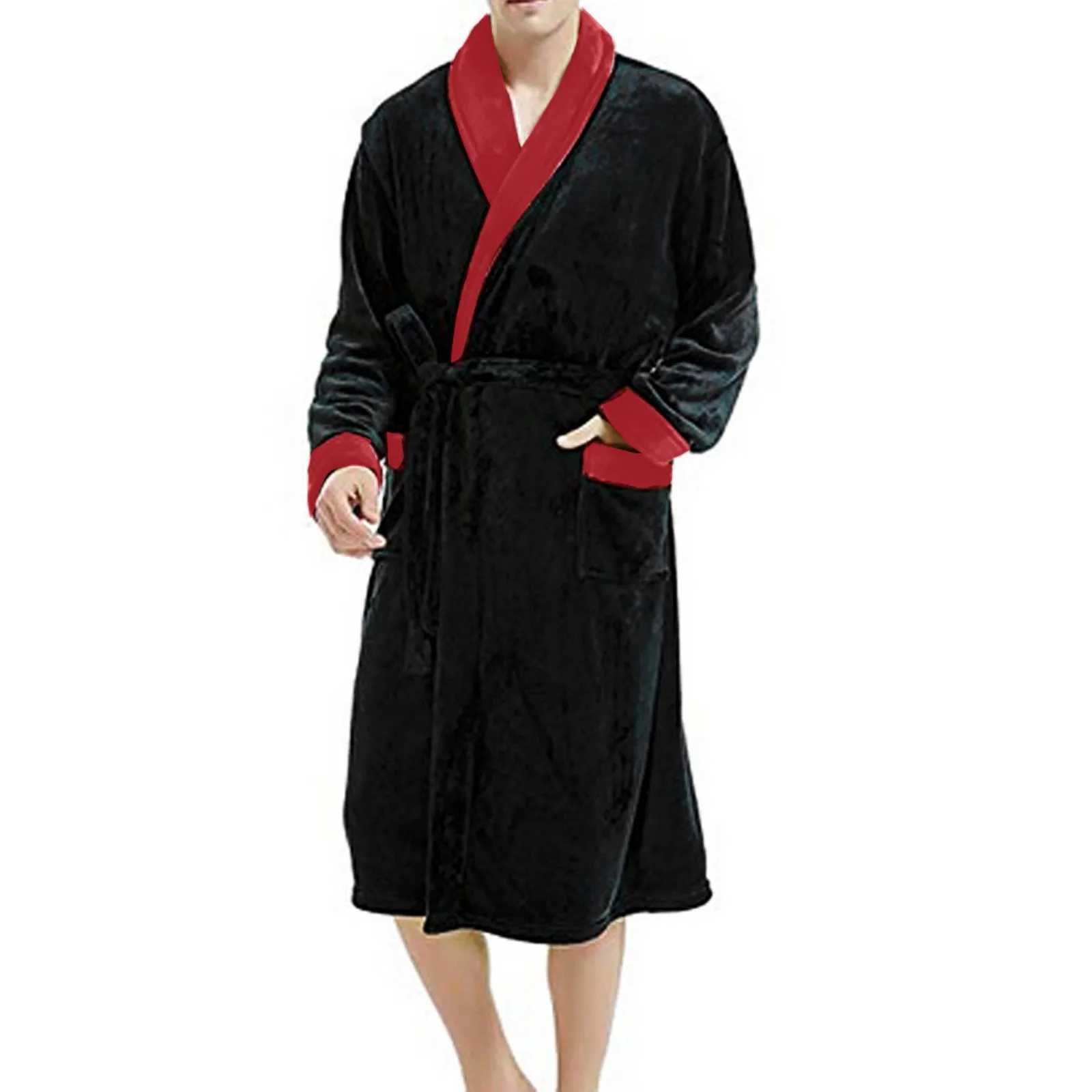 Pockets Slpwear Soft Mens Coral Flce Colorful Block Long Bath Robe Home Dress Slpwear Winter New Mens Robe Plus Size W241023
