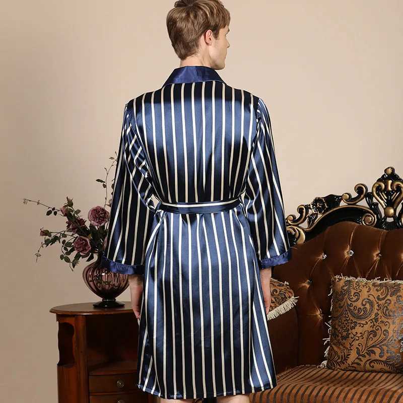 Plus size 5XL silk dress mens spring and summer blue striped Sp dress mens long Sve satin kimono Bathrobe Spwear W241023