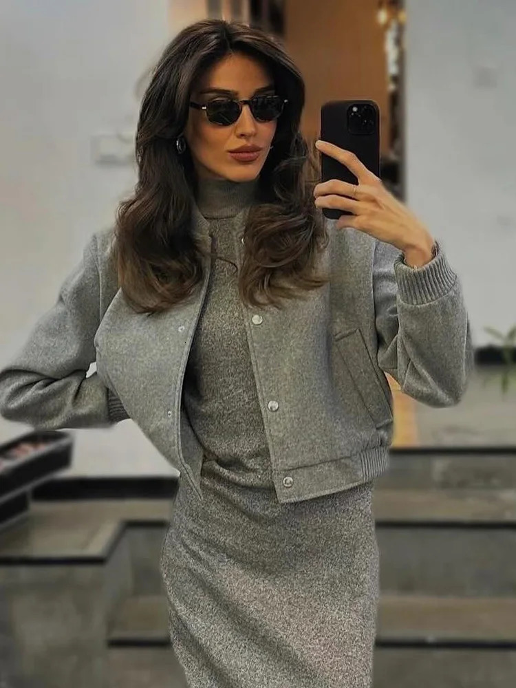 Y2K TRAF coarse tweed womens bomber jacket spring stand collar chic jacket solid womens jacket pocket casual jacket 241023