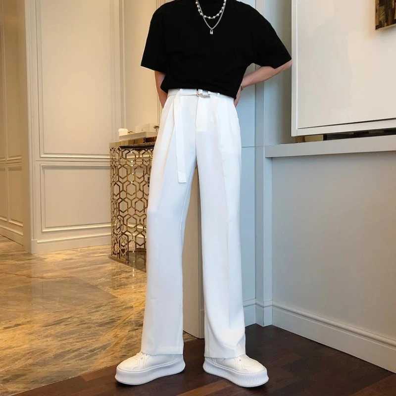 White Trousers For Men Baggy With Belt Wide Leg Ele Spring Clothes Man Suits Pants Clothing Promotion Hot Fabric Summer 2024X241023