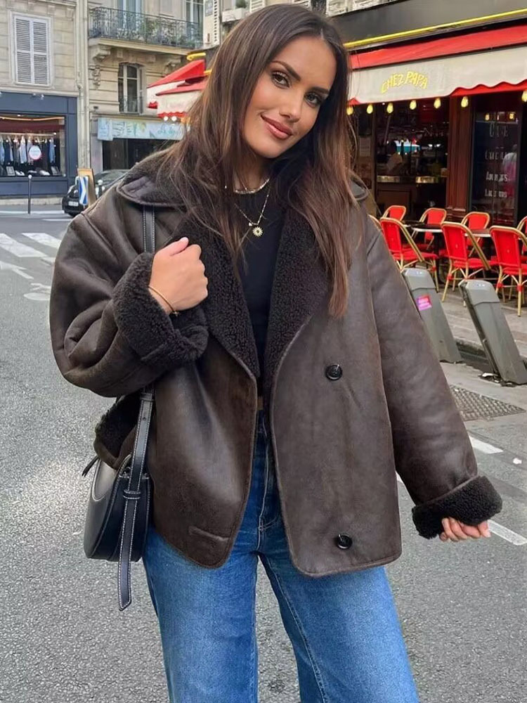 Vintage Suede Women Faux Fur Coat Winter Thick Warm Turndown Collar Outerwear Ladies Casual Slim Long Sleeve Coats Chic