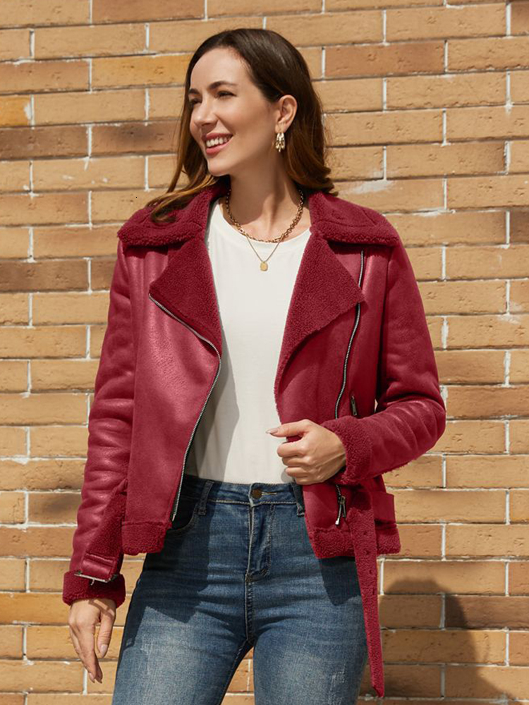 OIINAA Cking Faux Leather For Women Coat With Belt Thicken Warm Turn-Down Collar Coats Korean Fashion Female Jackets