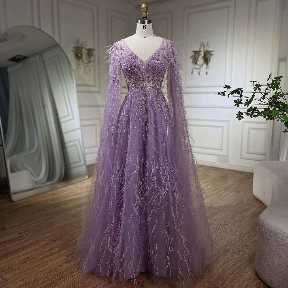 Serene Hill Nude Cape Sleeves Elegant A e Beaded Feathers Evening Dresses Gowns For Women Party 2024