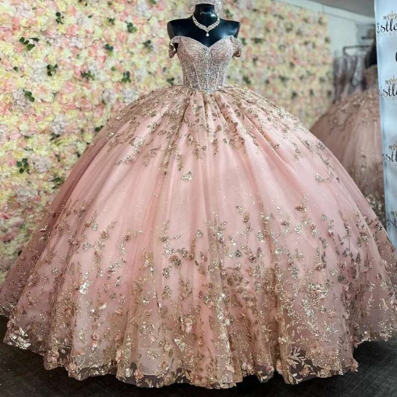 Blush Pink Quinceanera Dresses Gold Wer Applique Sweetheart Off The Shoulder Girls Birthday Party Prom Gowns Princess Dress