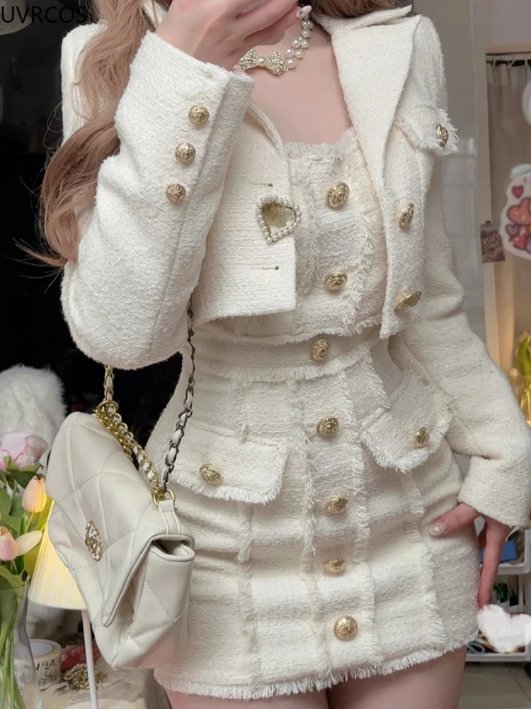 Korean style elegant retro two-piece set womens sweet wool short jacket with tassel mini dress set womens fashion set 241023