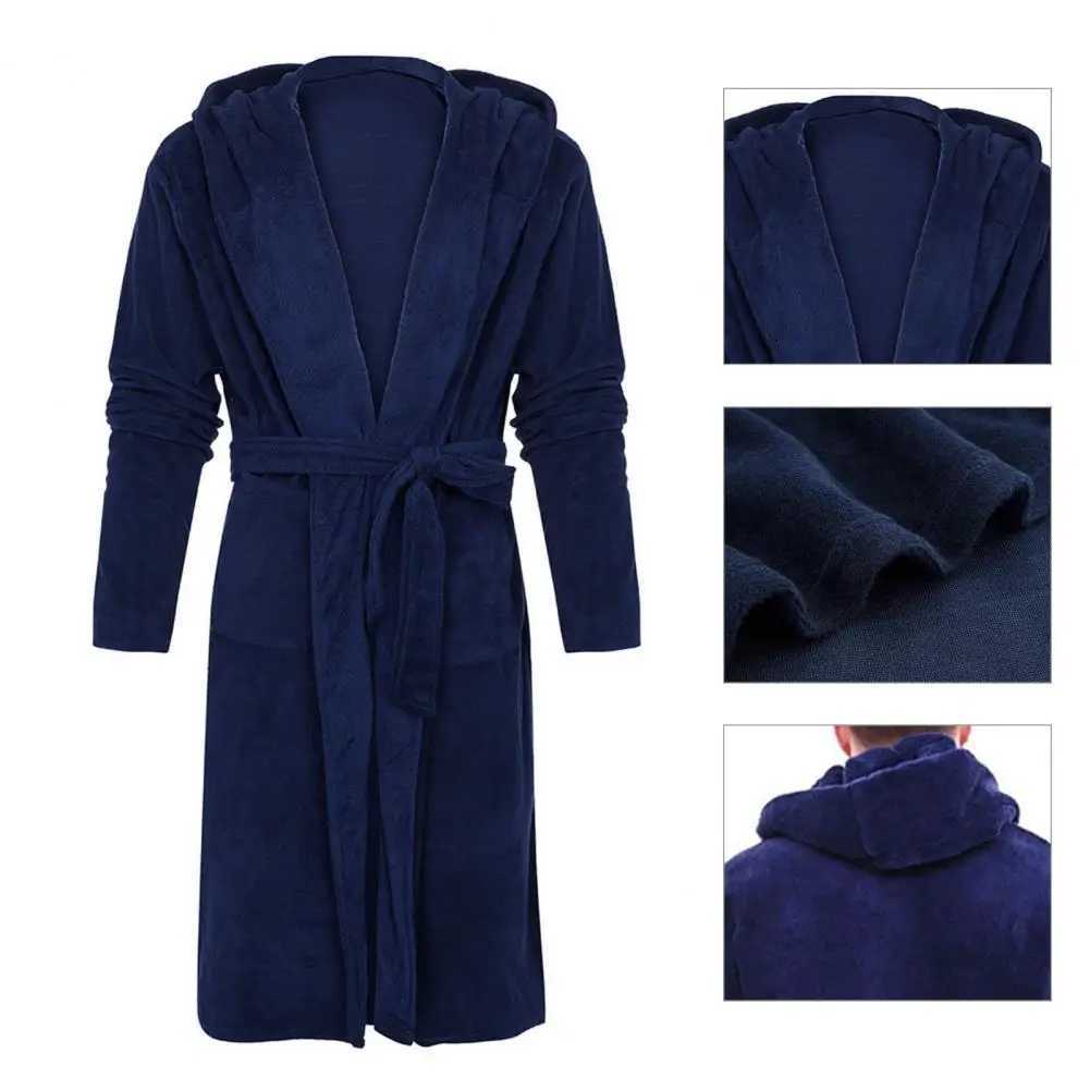 Solid color with flannel bathrobe hooded pocket warm mens pajamas long and thick absorbent looped bathrobe W241023