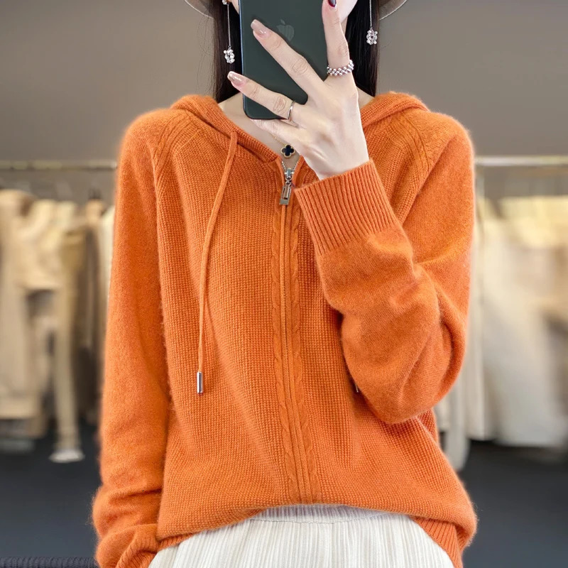 100% cashmere sweater womens hooded cardigan fashionable loose cashmere sweater womens thick top Korean version 241022