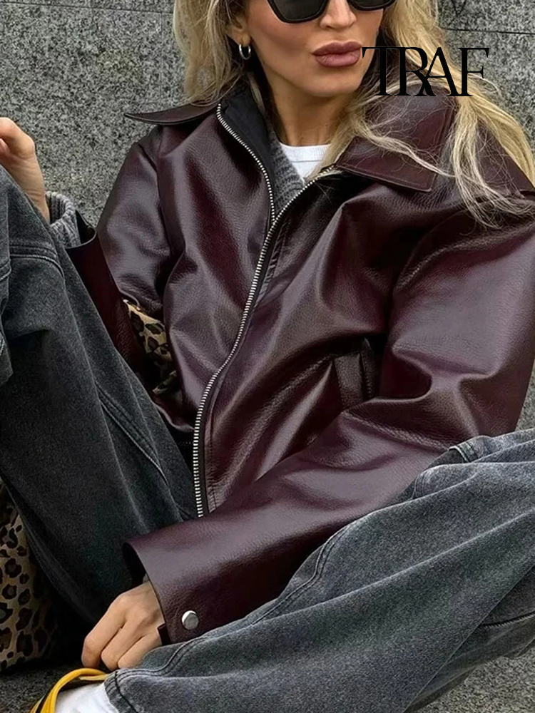 TRAF Women Fashion Lapel Zipper Patchwork Leather Retro Long Sleeve Pocket Autumn And Winter Street Style Jacket