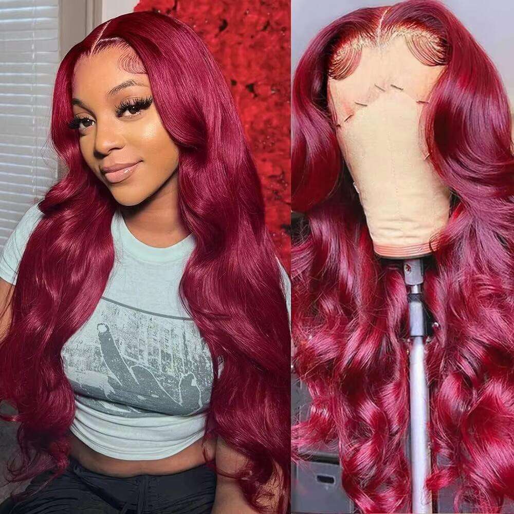 200% Body Wave Bury 99J Front 13x4 13x6 HD Lace Frontal Human Hair Pre Plucked 99j Red Colored Wig