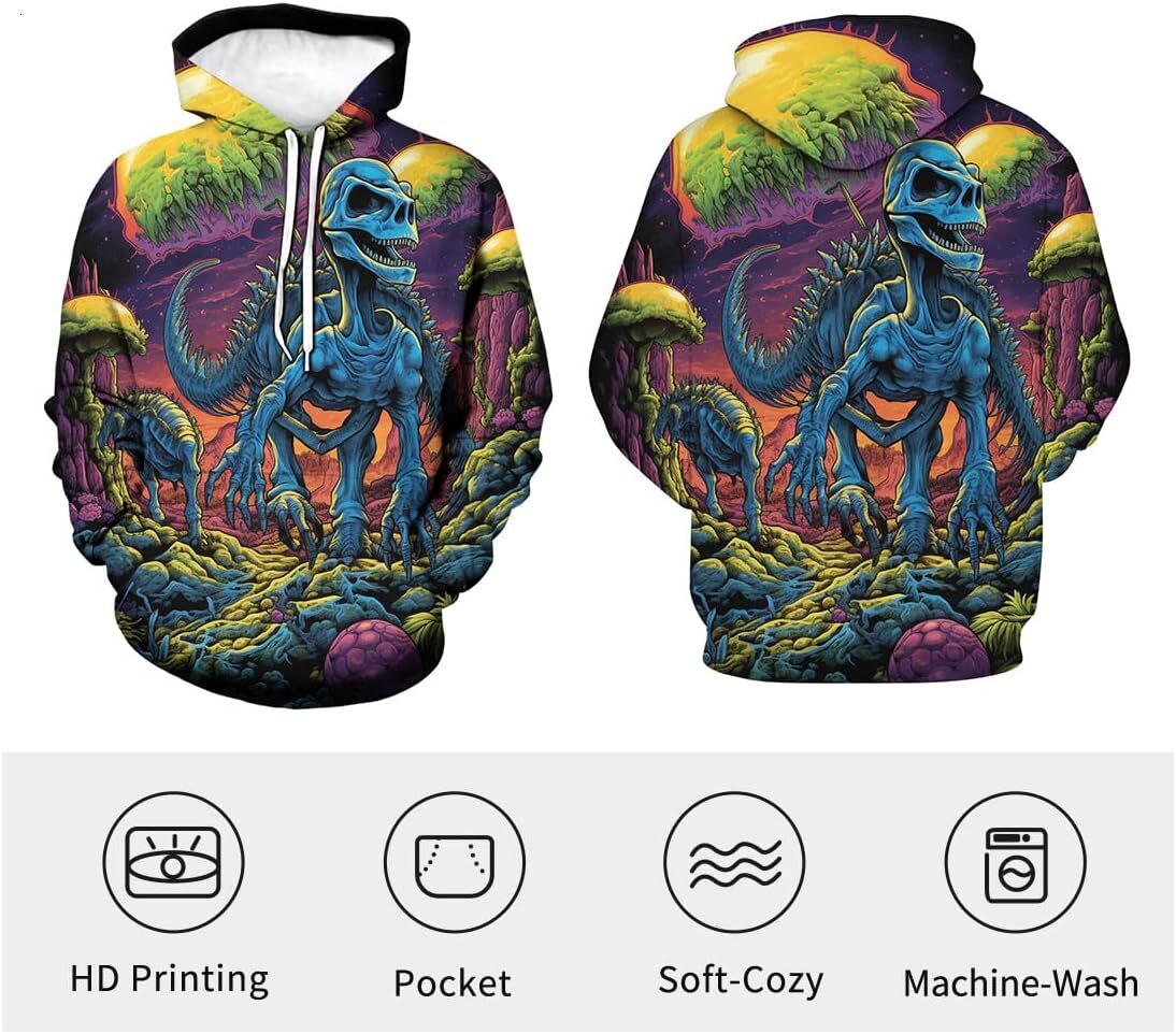 Hoodie for Mens Womens Men Novelty Dinosaur Hoodie 3D Skull Pattern Trippy Long Sleeve Sweatshirt Hoodies Graphic Hoodies sweatshirt Trendy Warmth
