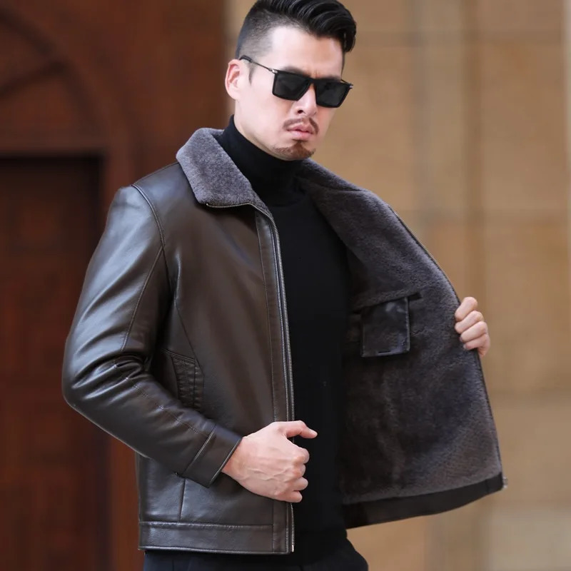 YX-222 Leather Jacket Mens Fur One piece Casual Thickened Cashmere Sheepskin Jacket Short Sweater 241023