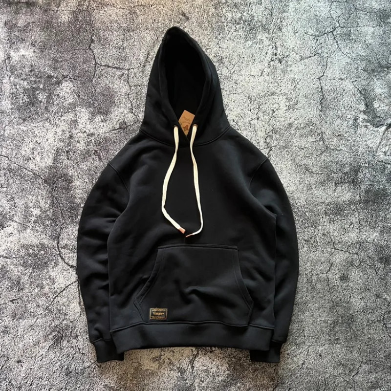 Vintage Amekaji Heavyweight 600gsm Velvet Warm Autumn Winter Solid Color Washed Retro Hoodie Loose Fleece Sweatshirts Pullovers 241021