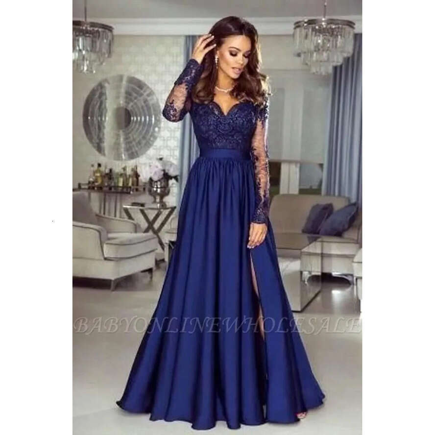Mother Sleeve Vintage Long A E Sheer Appliques V Neck Navy Blue Lace Satin Bridesmaids Dresses Women Evening Prom Gowns Bc10075 ppliques vening
