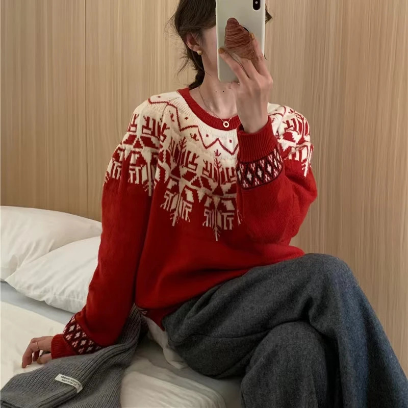 Autumn Winter Christmas Knitted Thick Sweater Women Loose Oneck Pullover Vintage Fashion Knitwear Tops 241021