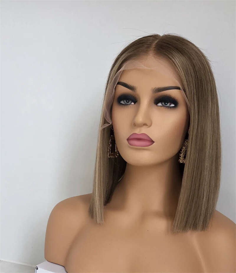 Short Bob Ash Blonde Frontal Wig 100% Brown Highlight 13x4 Straight HD Lace Front Human Hair Wigs For Women