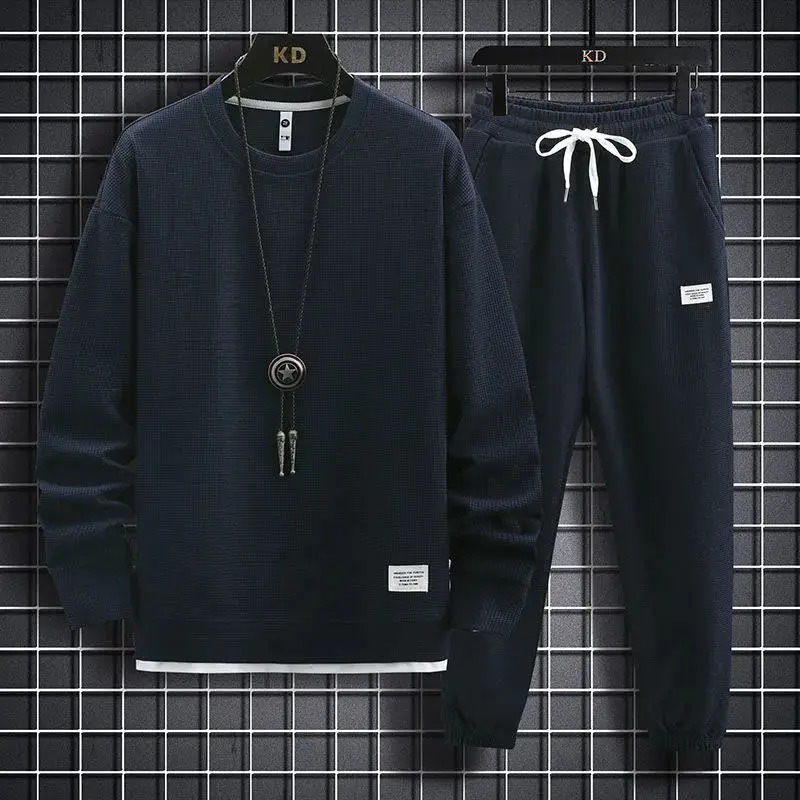 Mens waffle set 2-piece casual long sleeved sweater and pants sports T-shirt hooded casual mens loose set 241022