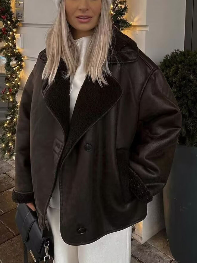 Vintage Suede Women Faux Fur Coat Winter Thick Warm Turndown Collar Outerwear Ladies Casual Slim Long Sleeve Coats Chic