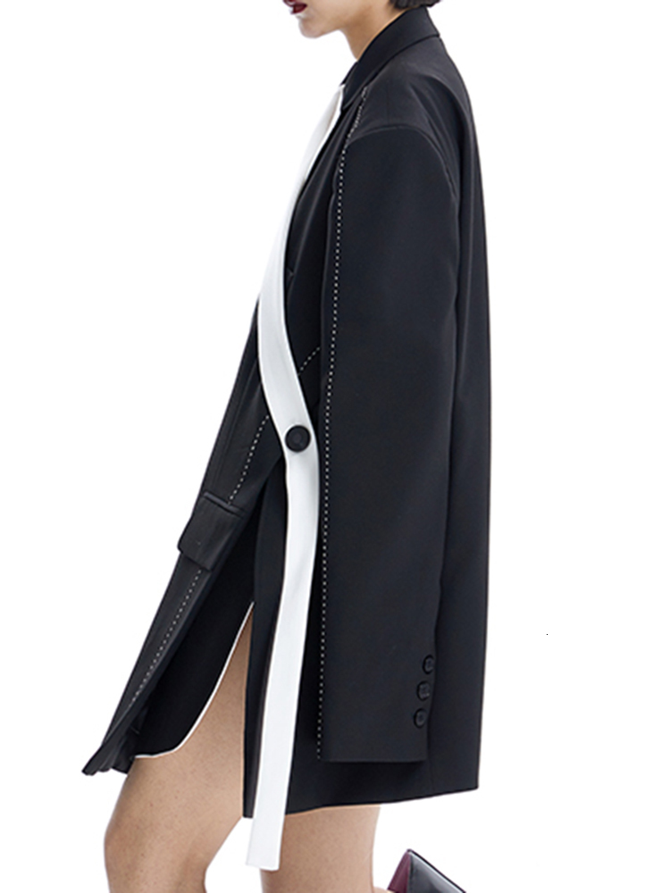 DEAT Fashion Women's Blazer New Loose Notched Double Button Long Sleeve Spliced Contrast Color Suit Jackets Autumn 2024 17A1665