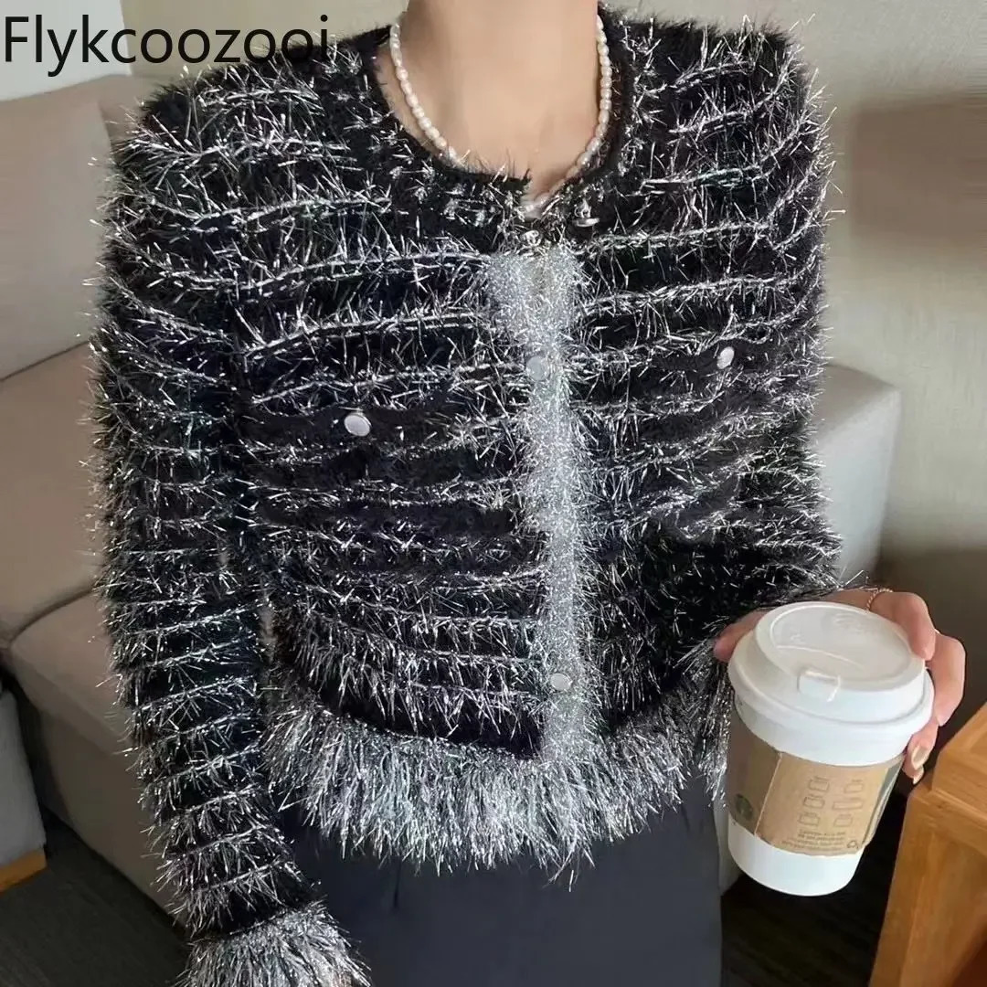 Sparkly Fringed Elegant Sweater for Women Highgrade Cashmere Crewneck Knitted Cardigan Coat Regular Fit Casaco Feminino 241021