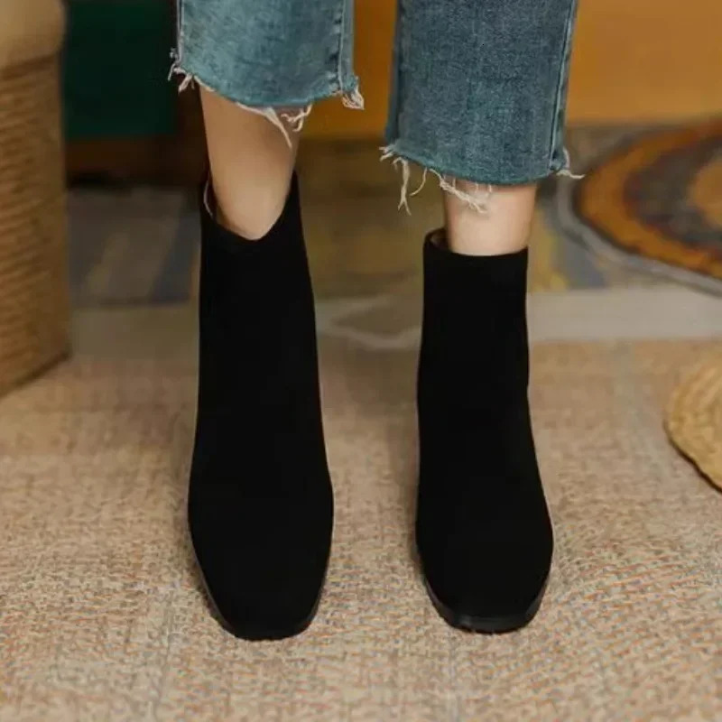 Autumn Square Toe Chunky Heel Ankle Boots for Women Winter Platform Suede Shoes atos 241021