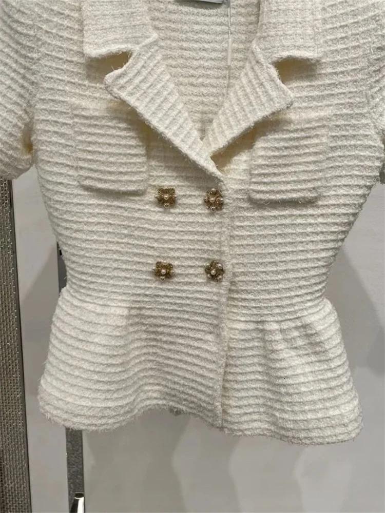 Womens elegant short sleeved top early autumn womens double breasted open top tweed coat 241023