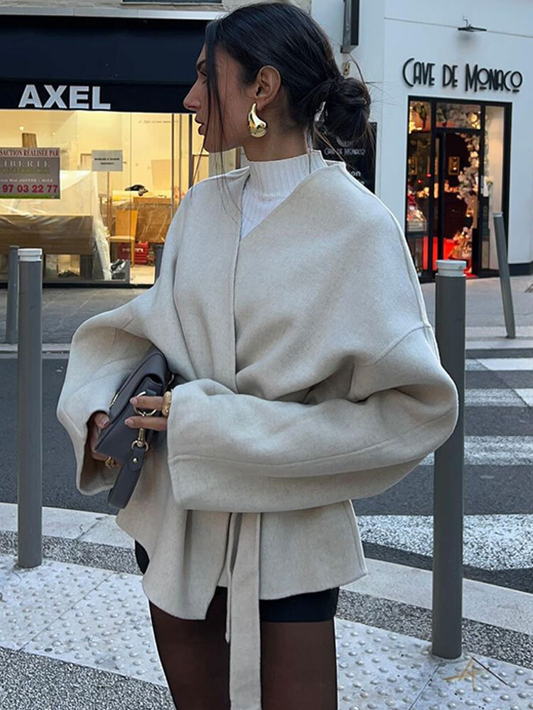 Elegant Women's Solid V-Neck Tie-Belt Woolen Jacket New Fashion Classic Long Sleeves Coats Autumn Chic Female Streetwear